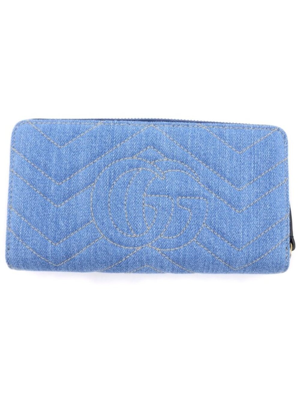 Gucci GG Marmont Flower Embroidery Chevron Zip Around Wallet Multicolor Denim - Picture 2 of 6